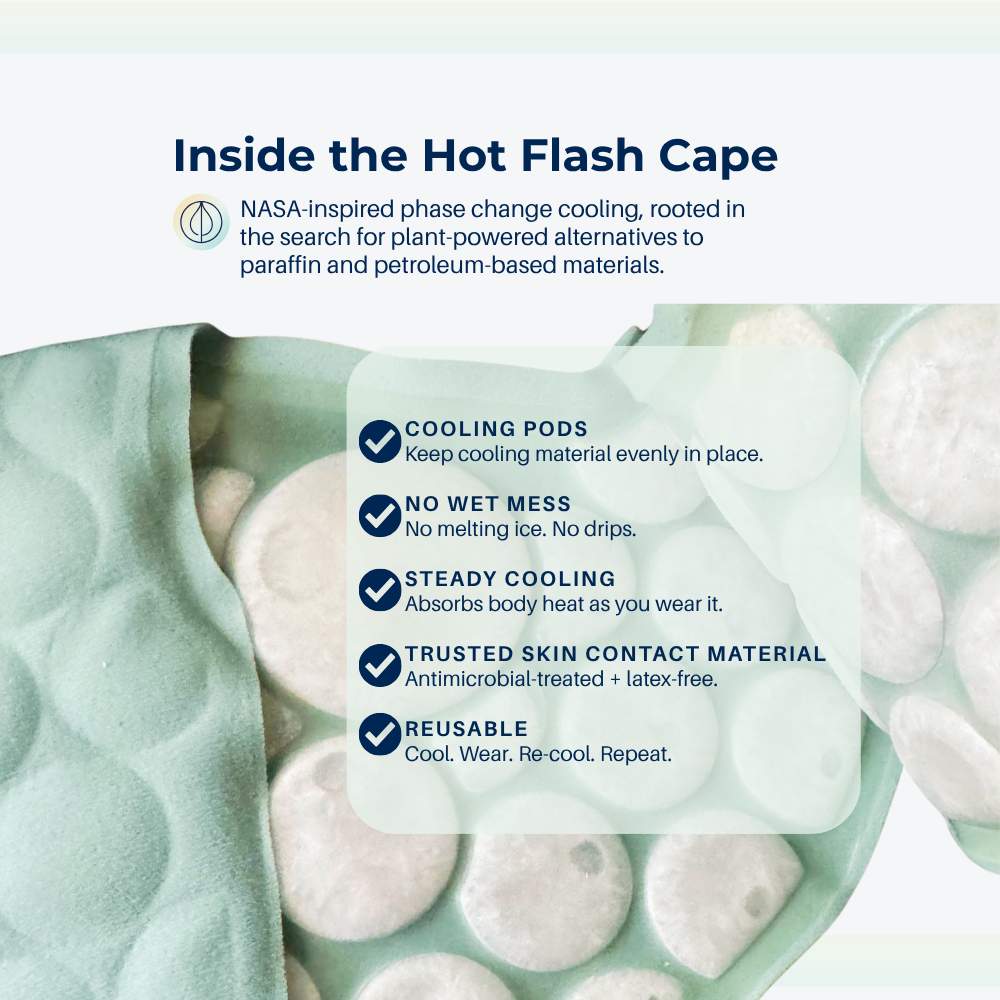 Infographic of the inside of the sage color hot flash cape featuring an image of the product's cooling pods, and describes core benefits - no wet mess, steady cooling, trusted skin contact material and reuseable.