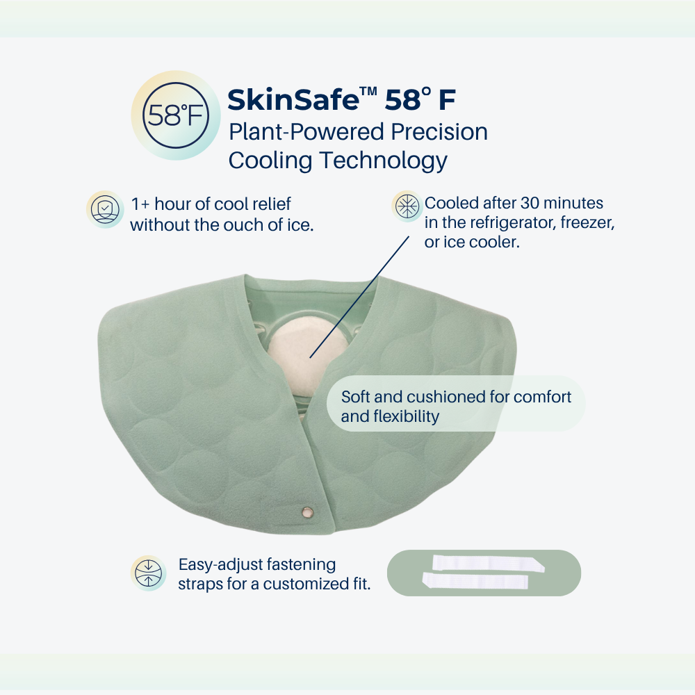 A cooling cape shown on a light gray background with feature callouts and text. The product is a pale sage green cape with a white inner cooling pod.