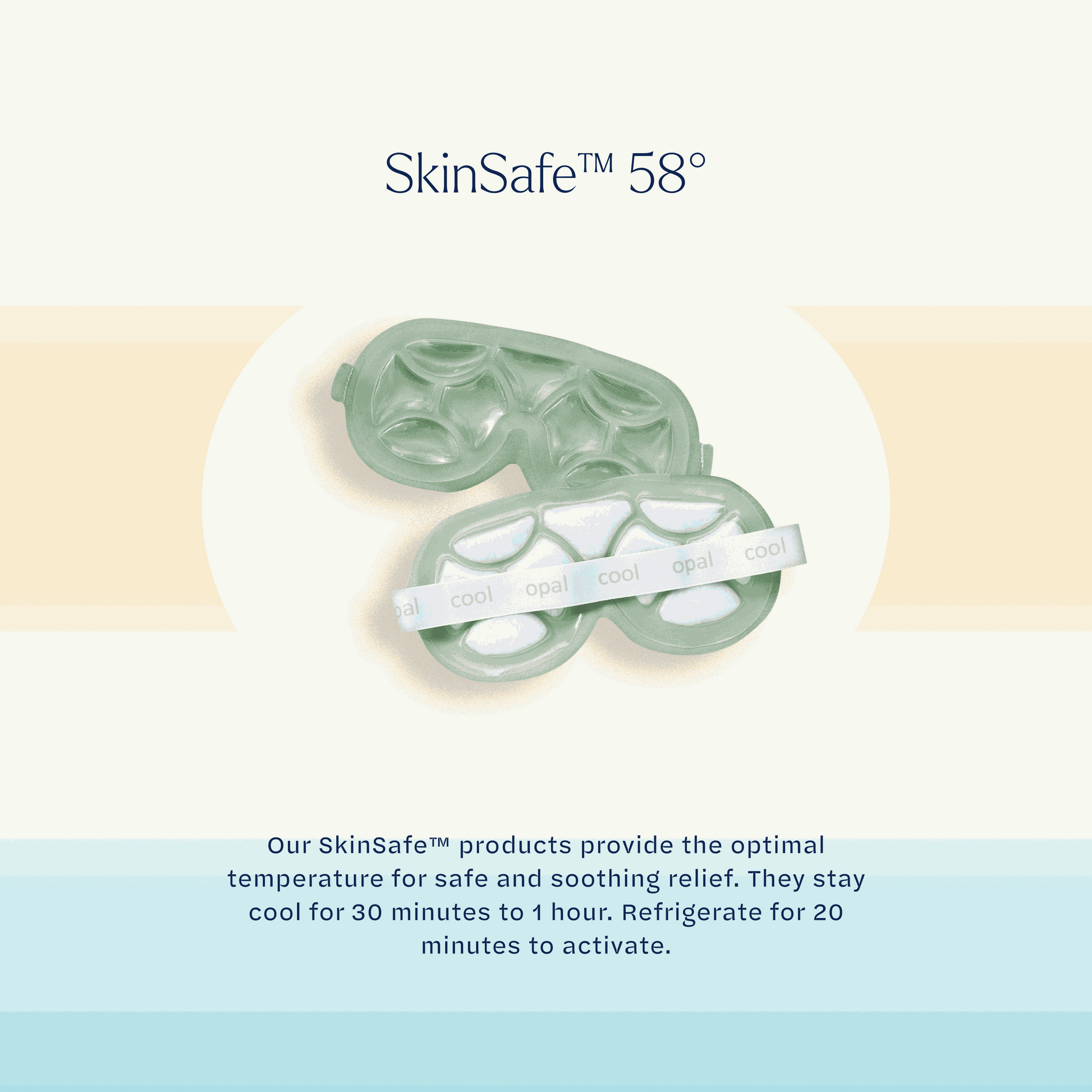 Cooling eye mask with 'SkinSafe 58°' branding on a gradient background
