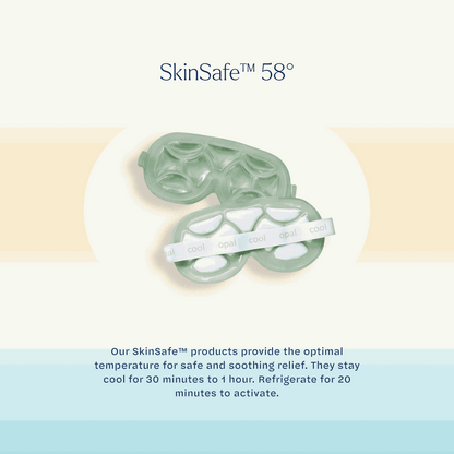 Cooling eye mask with 'SkinSafe 58°' branding on a gradient background