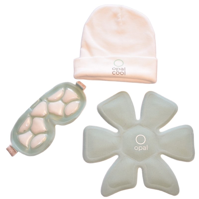 Our Cool Cap Headache Relief Set, featuring our Cool Cap and Eye Mask products as well as a pink Opal-branded beanie on a white background.